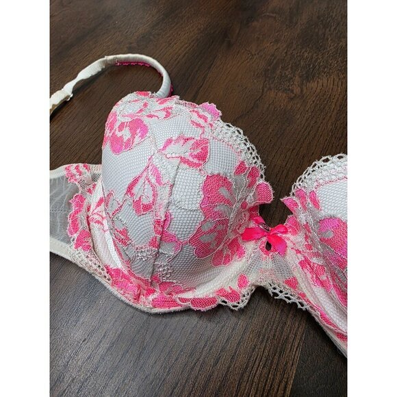 Pink & White Floral Lace Underwire Bra With Adjustable Straps & Mesh Sides Size - Picture 3 of 12
